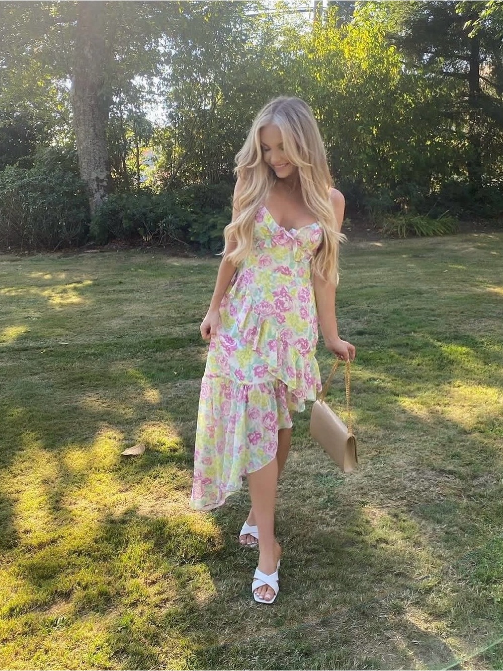 MAJORELLE Pink and Green Floral High-Low Sundress